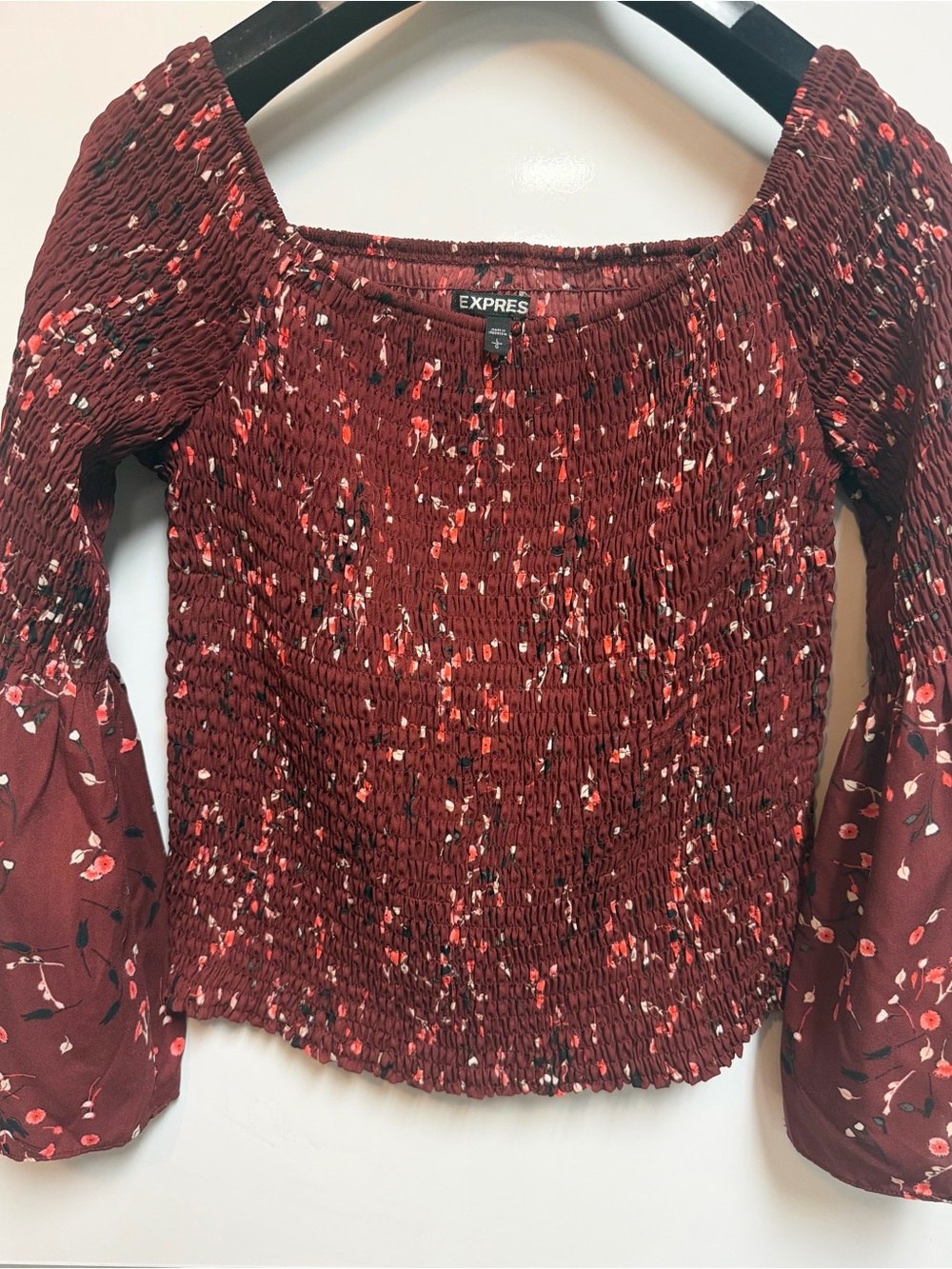 Express Burgundy Floral Smocked Long Sleeve Top